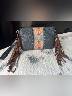 Tooled Bohemian Blue Wristlet Aztec 8.5” x 5.5” Navaho studded